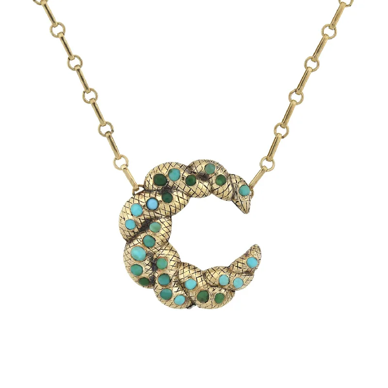 Gold Crystal Pendant Necklace-Victorian Sterling Gilt Turquoise Crescent Pendant Necklace 16"