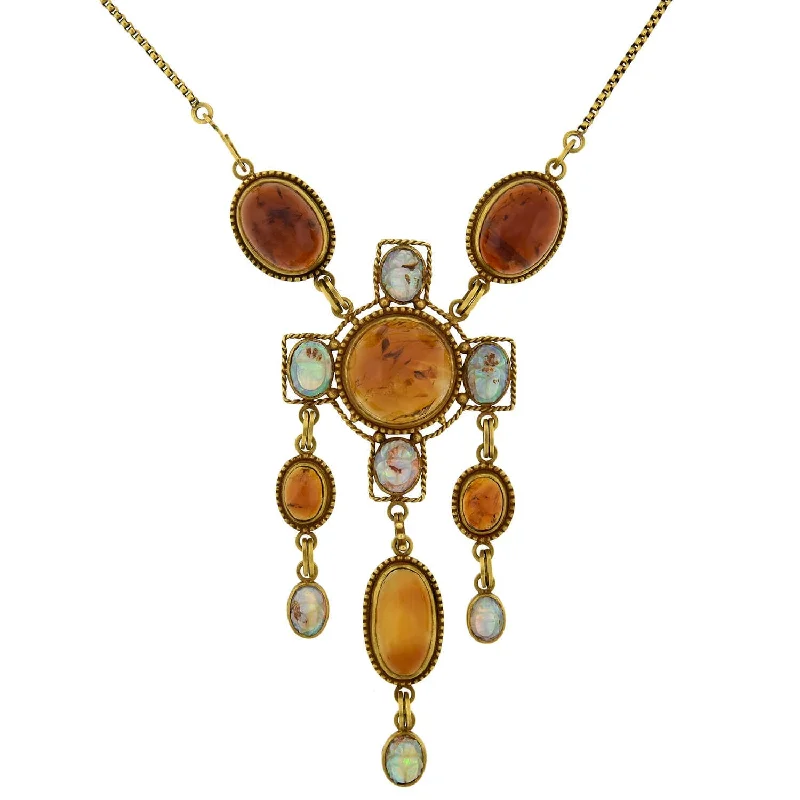 Simple Rope Necklace-Art Nouveau Egyptian Revival 14kt Amber + Carved Opal Scarab Necklace