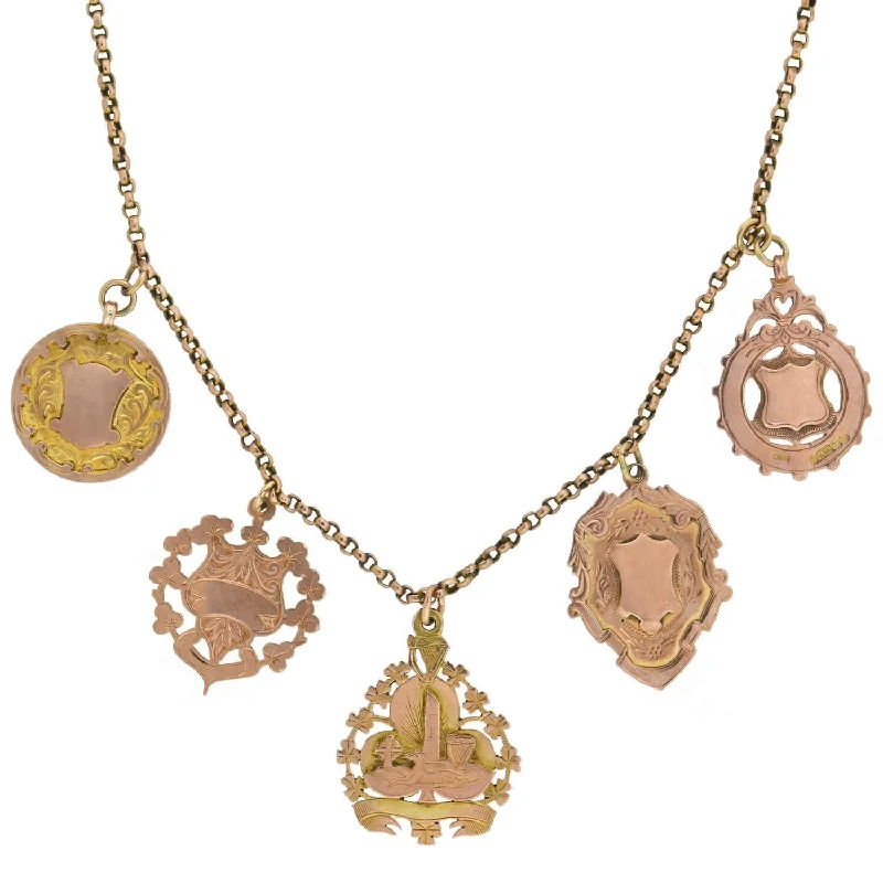 Dainty Crystal Necklace-Victorian English 9kt Rose Gold Multi-Medallion Pendant Necklace