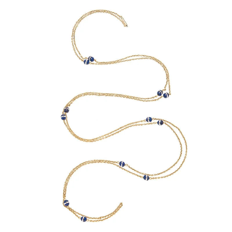 Long Layered Necklace-Art Deco 14k Chain Necklace with Lapis & Crystal Beads 61"