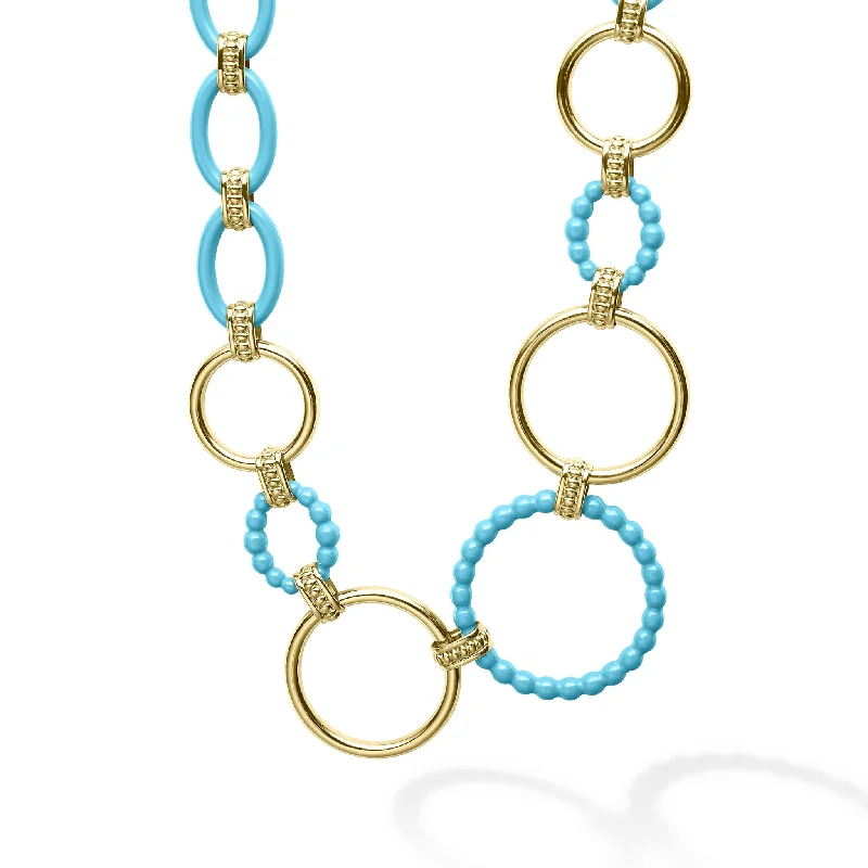 Colorful Gold Necklace-Meridian Long 18K Gold and Blue Ceramic Link Necklace