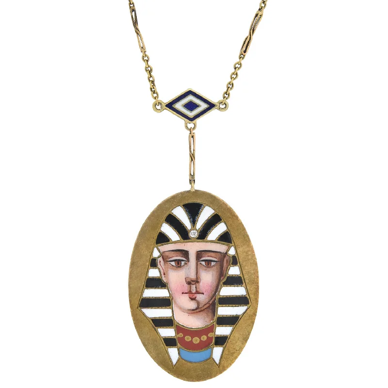 Custom Silver Heart Necklace-Victorian Egyptian Revival 14kt Enameled Pharaoh Pendant Necklace 18"