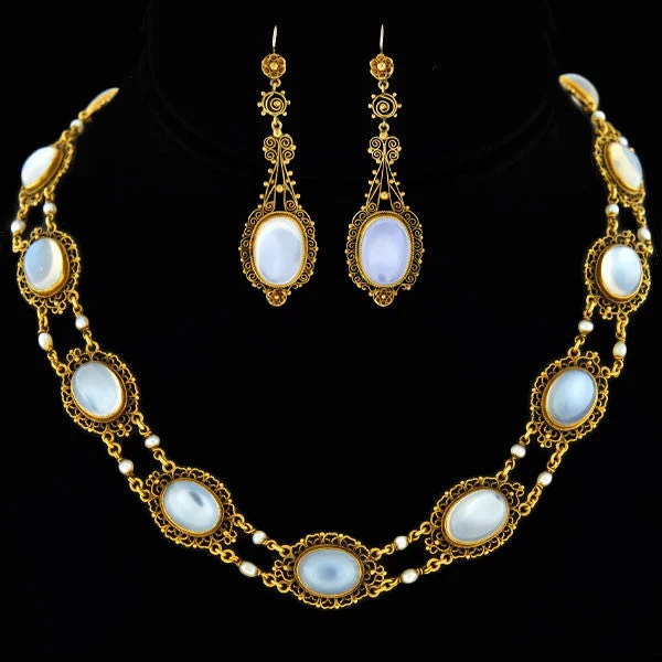 Luxury Charm Necklace-Victorian 14kt Moonstone + Pearl Filigree Earring Necklace Set