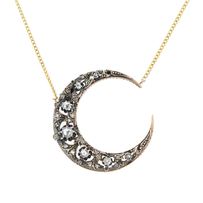 Statement Gemstone Necklace-Victorian Conversion 18kt/Sterling Rose Cut Diamond Crescent Moon Necklace