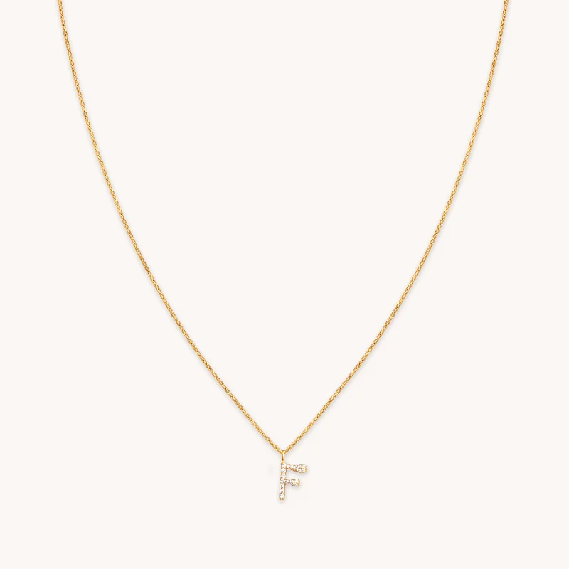 Custom Charm Pendant Necklace-F Initial Pavé Pendant Necklace in Gold