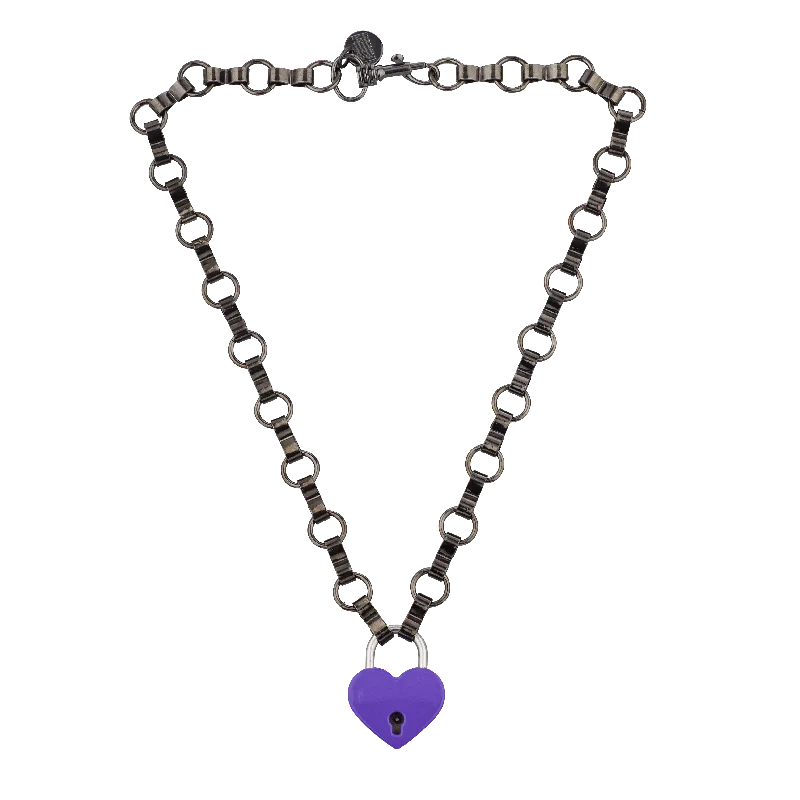 Fashion Bar Necklace-VIOLET HEART LOCK NECKLACE