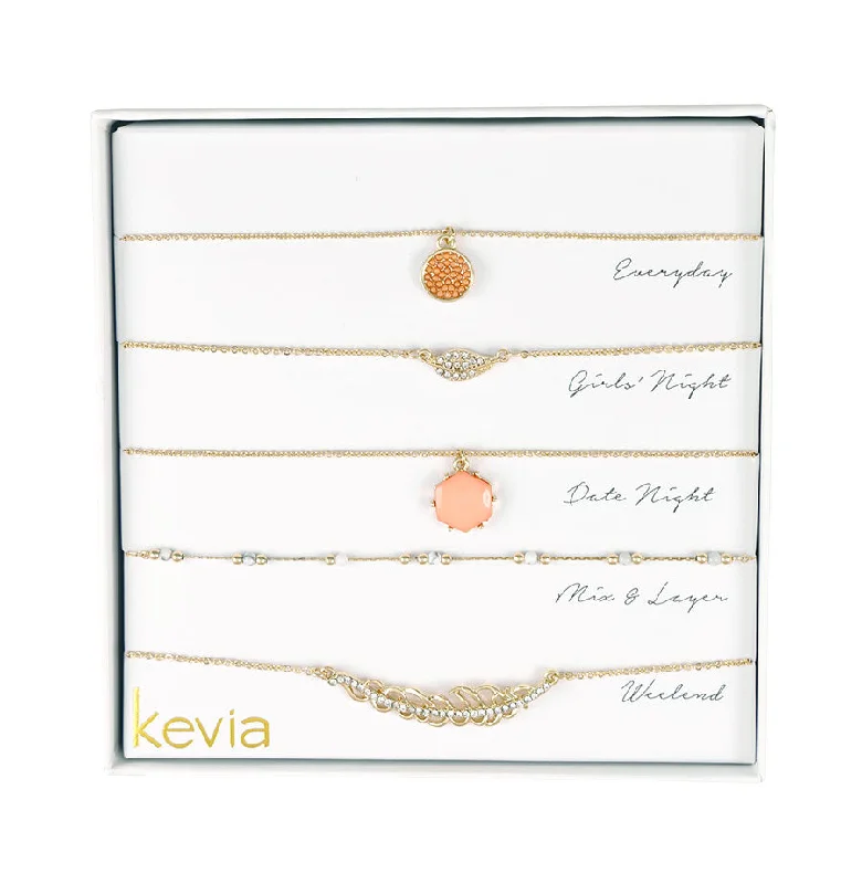 Wedding Necklace for Bridesmaids-Coral & Gold Leaf Layered Necklace Set