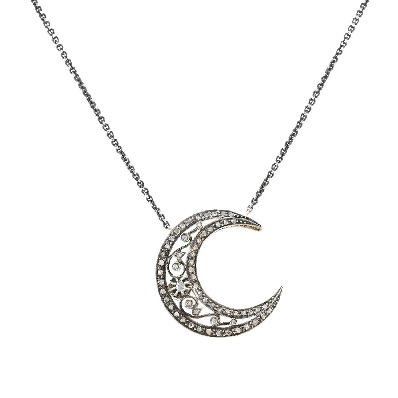 Silver Heart Necklace-Victorian Conversion 18kt/Sterling Diamond Crescent Moon Necklace