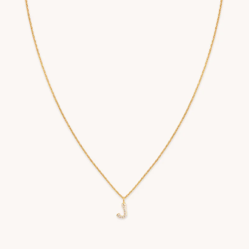 Long Layered Necklace-J Initial Pavé Pendant Necklace in Gold