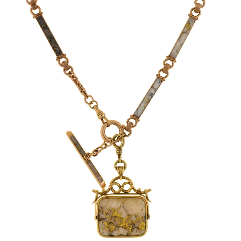 Simple Gold Necklace-Victorian 14kt Inlaid Gold Quartz Watch Chain + Matching Spinner Fob