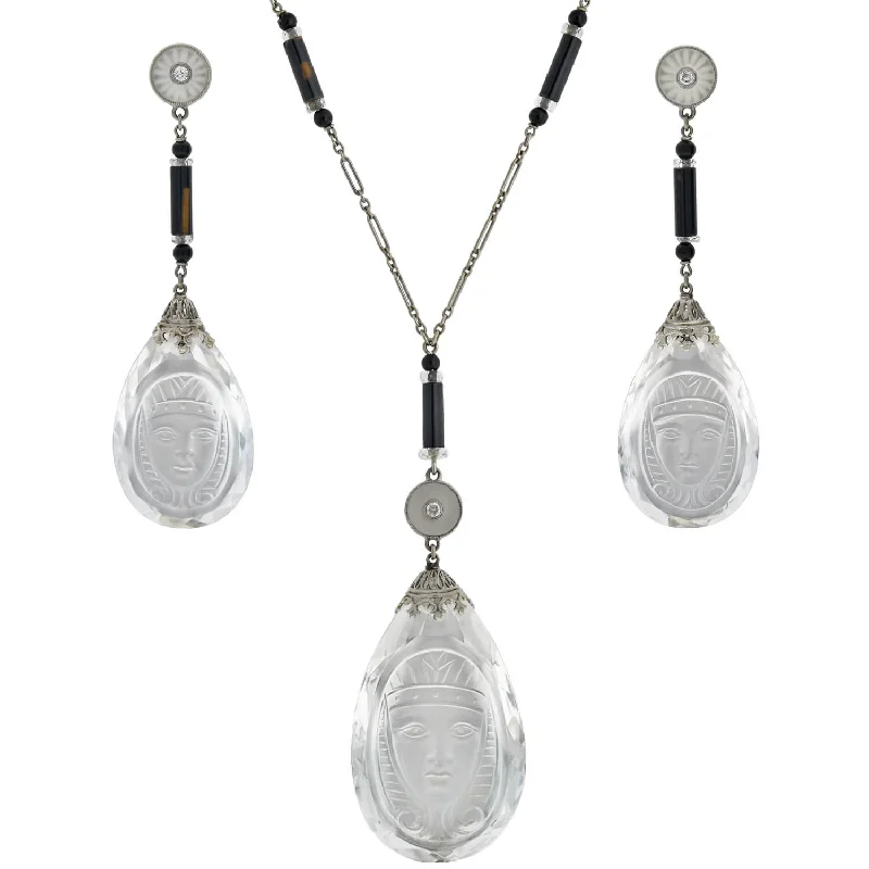 Geometric Bar Necklace-Art Deco Egyptian Revival Rock Crystal, Onyx + Diamond Necklace and Earring Set