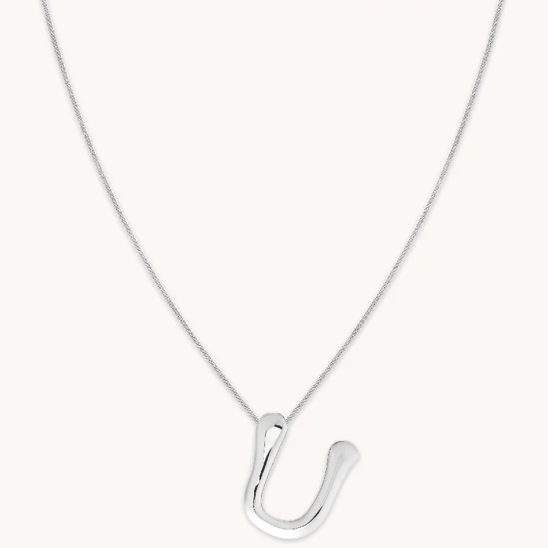 Simple Bar Pendant Necklace-U Initial Bold Pendant Necklace in Silver