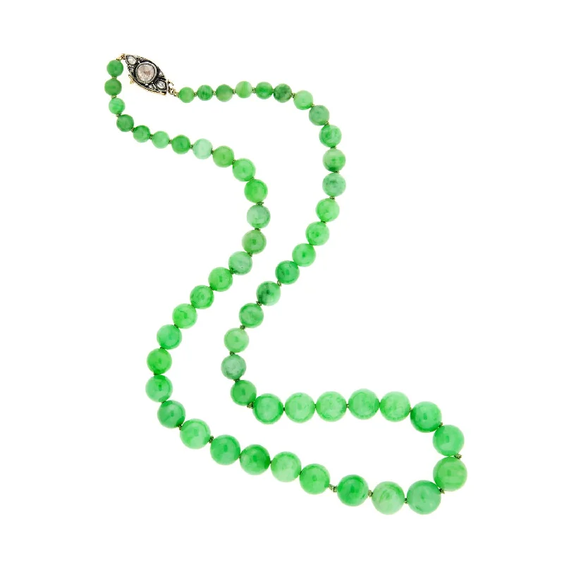 Long Silver Chain Necklace-Victorian 14k/SS Jadeite Bead Necklace + Diamond Eye Clasp