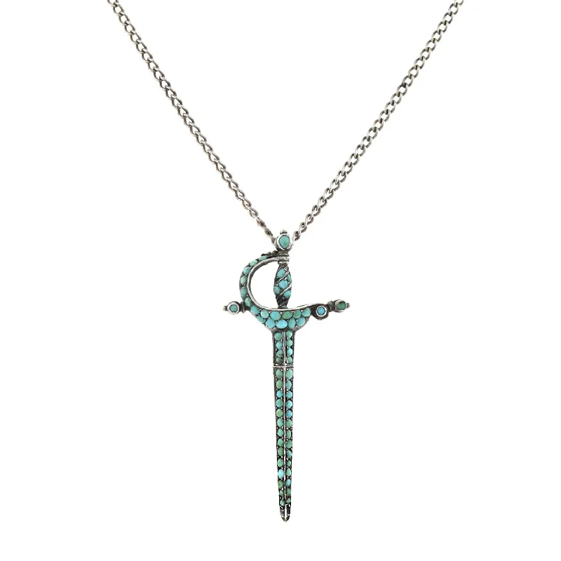 Personalized Pendant Necklace-Victorian Sterling Pavé Turquoise Rapier Sword Conversion Pendant Necklace