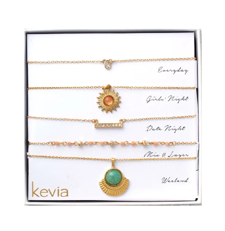 Long Gold Necklace-Green & Peach Charm Necklace Set