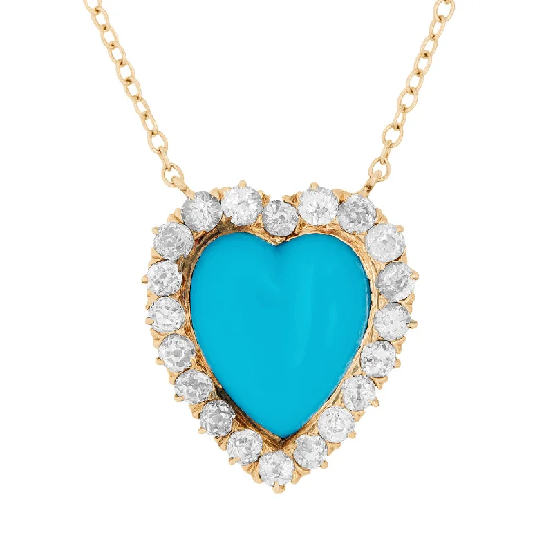 Boho Beaded Necklace-Victorian 14k Turquoise and Diamond Heart Halo Necklace