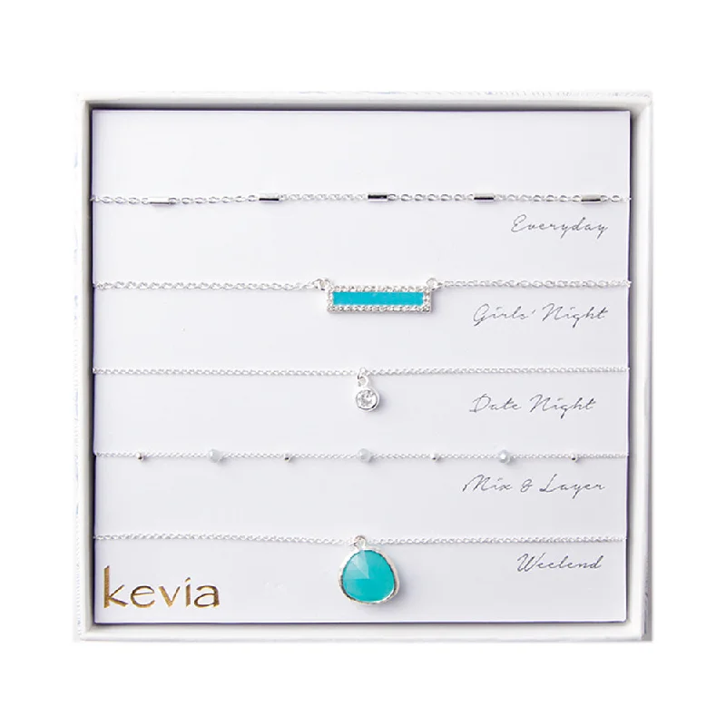 Classic Silver Necklace-Turquoise Bar & Teardrop Pendant Necklace Set